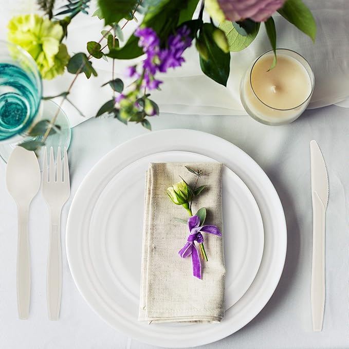 250 Piece Biodegradable Paper Plates Set (EXTRA LONG UTENSILS), Disposable Dinnerware Set, Eco Friendly Compostable Plates & Utensil include Plates, Forks, Knives and Spoons for Party