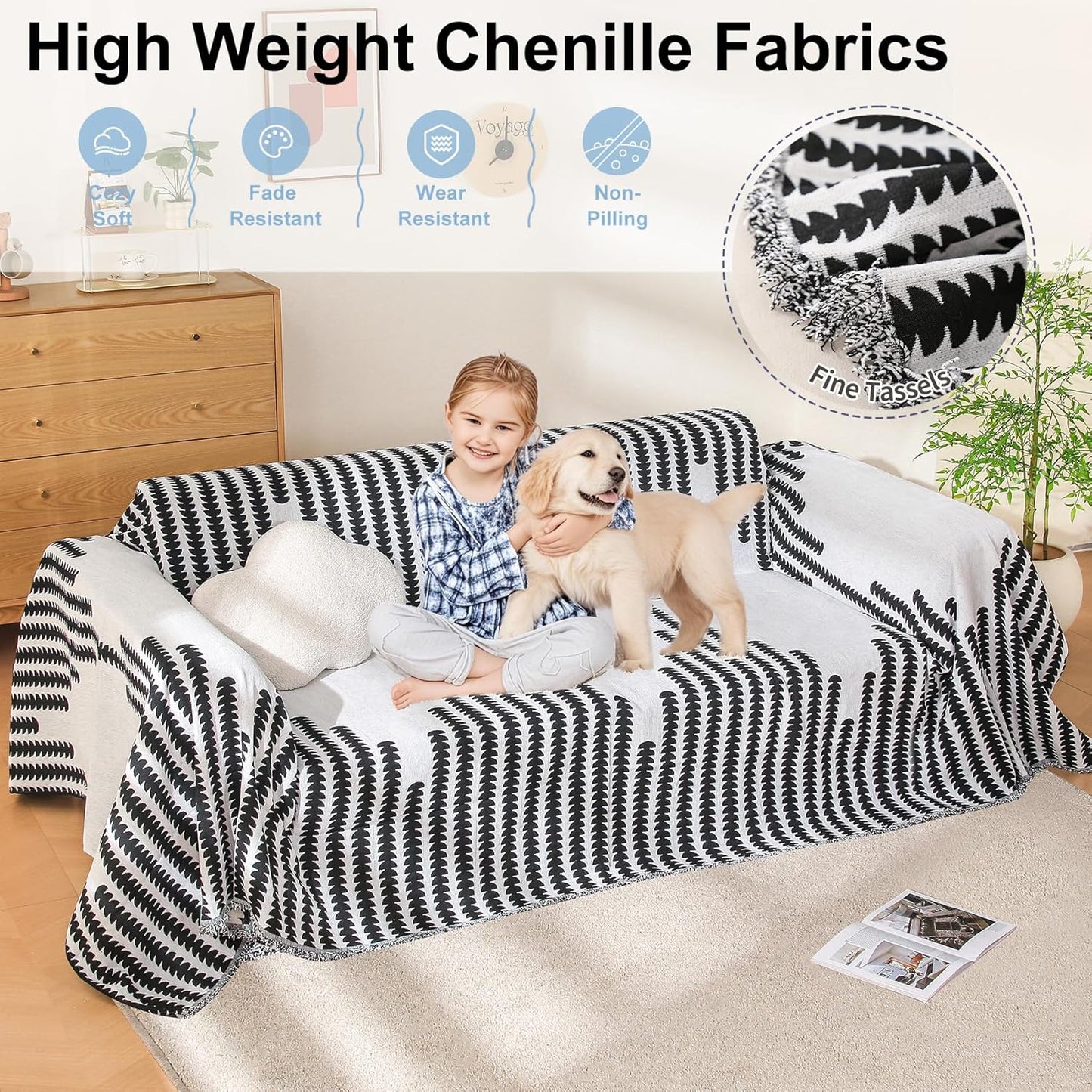 Boho Sofa Cover, Couch Covers for 3 Cushion Couch Sofa Pet Friendly, Sofa Cover Washable, Soft Chenille Living Room Couch Covers Slipcover, Pet Furniture Protecto (2# White, 71" x 134")