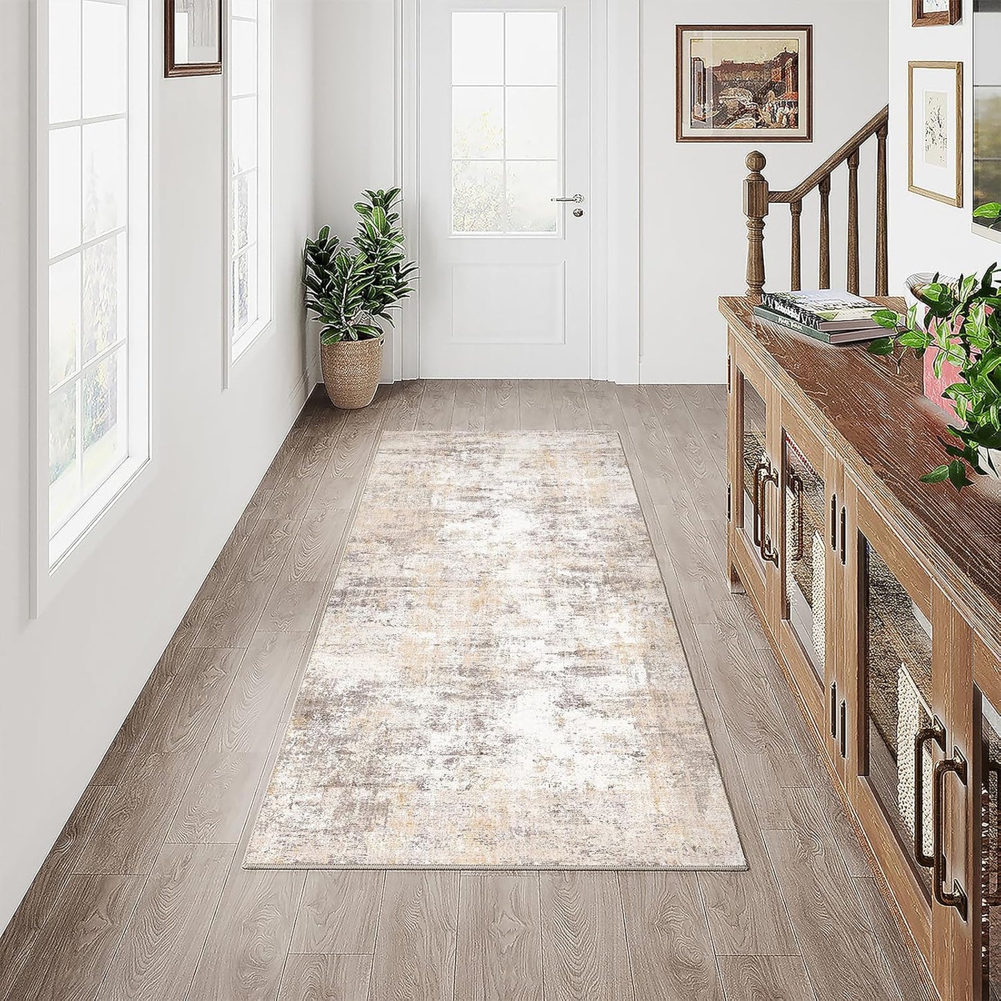 2x5 Washable Runner Rug Beige Grey Neutral Abstract Hallway Kitchen Living Room Bedroom Non Slip Throw Rug Soft Low Pile Indoor Carpet for Entrance Laundry Bathroom