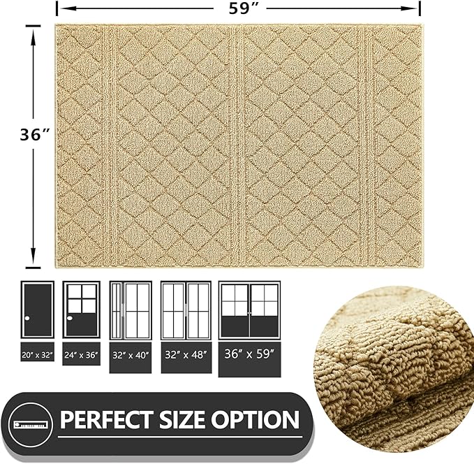 REFETONE Indoor Doormat, Front Back Door Mat 36"x60" Absorbent Rubber Backing Non Slip Door Mats, Low-Profile Resist Dirt Entrance Rugs, Machine Washable Door Rug Inside Floor Mat for Entryway, Beige