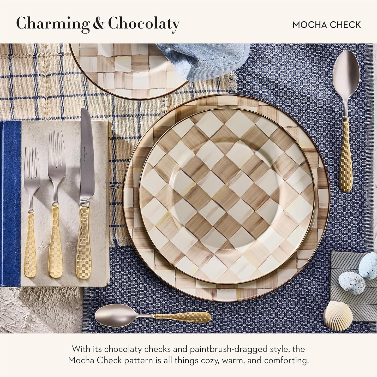 MACKENZIE-CHILDS Enamel Salad and Dessert Plate, Small Plate for a Dessert or Appetizer Dish, 8 Inches, Brown-and-White Mocha Check