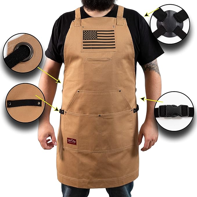 JayCee Apron for BBQ, Grill, Chef, Hobby and Workshop, 5 Pockets, Cross-Back, 2 Tool/Towel Loops, 10 oz Cotton, Great Gift