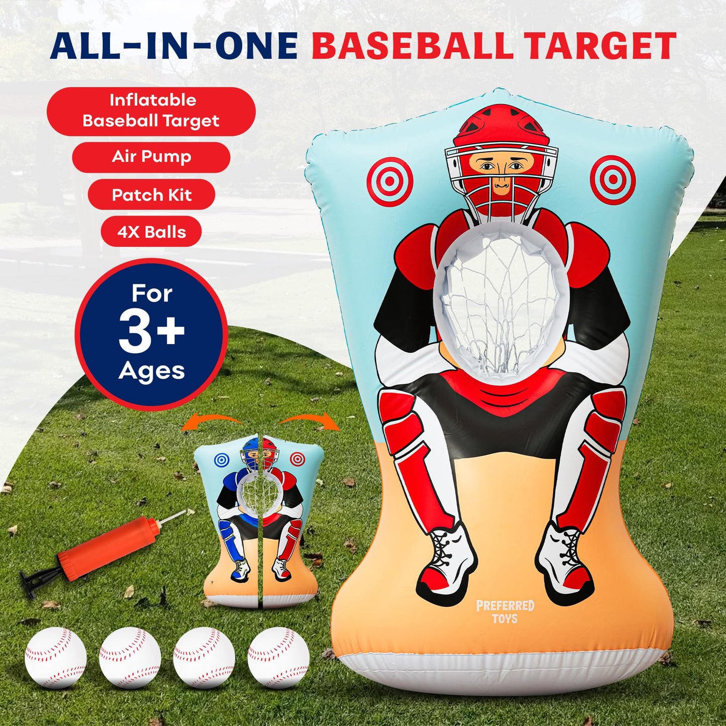 Preferred Toys Inflatable Baseball Pitching Target for Kids 3 and Above - Double-Sided Throwing Toss Game with 4 Soft Balls - Indoor Outdoor Baseball Toys Training Equipment - Red/Blue