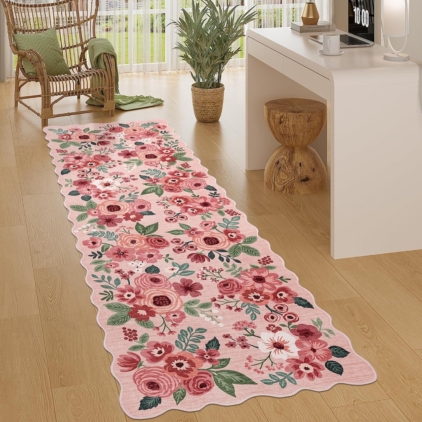 DUKINO 2x10 Runner Rug for Hallway, Washable Kitchen Rug with Non Slip Backing & Non-Shediing, Soft Low Pile Floral Design Runner for Bedroom, Kithchen, Living Room, Laundry, Bathroom, Pink
