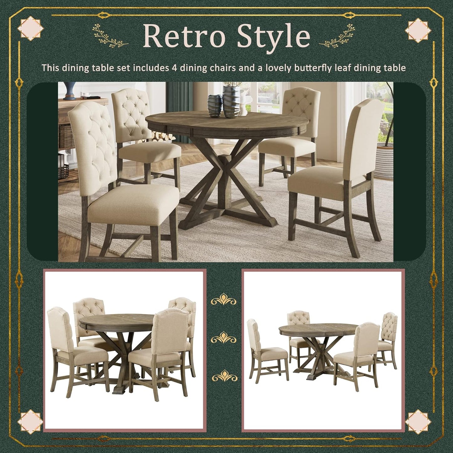 SogesPower 5-Piece Round Farmhouse Retro Dining Table Set for 4, Space-Saving Kitchen Table Set with Extendable Table and 4 Upholstered Chairs for Dining Room Living Room,Natural Wood