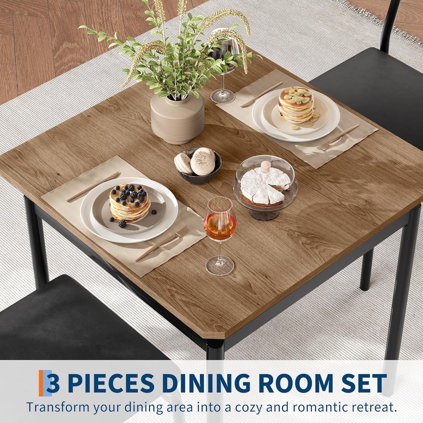 IDEALHOUSE 3 Piece Dining Room Table Set, Kitchen Table Set for 2 with Brown Wooden Grain Kitchen Table and 2 PU Upholstered Metal Chairs, Dining Room Set for Small Space,Home Dinner(2 Black Chairs)