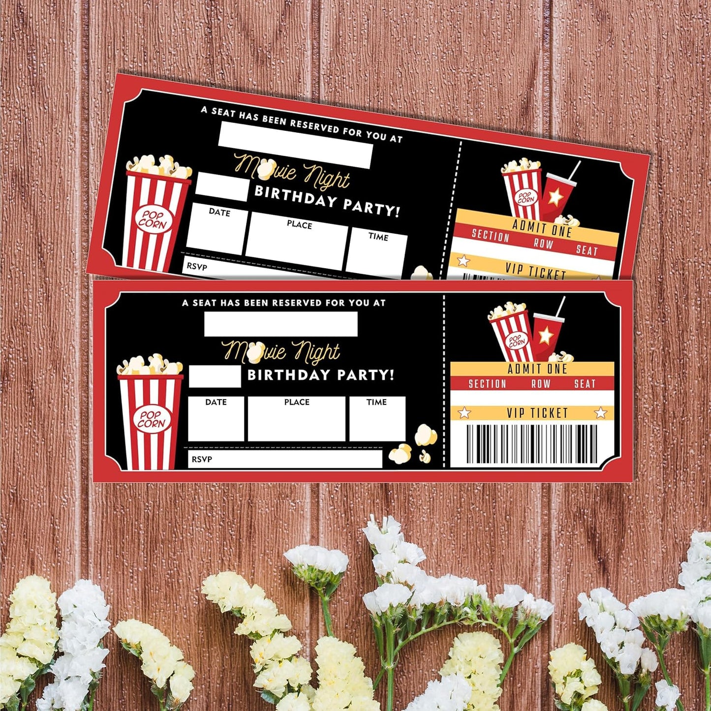 Birthday Cards-20 Movie Night Ticket Invite Cards-Red and Black Birthday Invitation with Envelopes for Movie Lovers-Party Favor & Supplies (3×8 inch)-A02