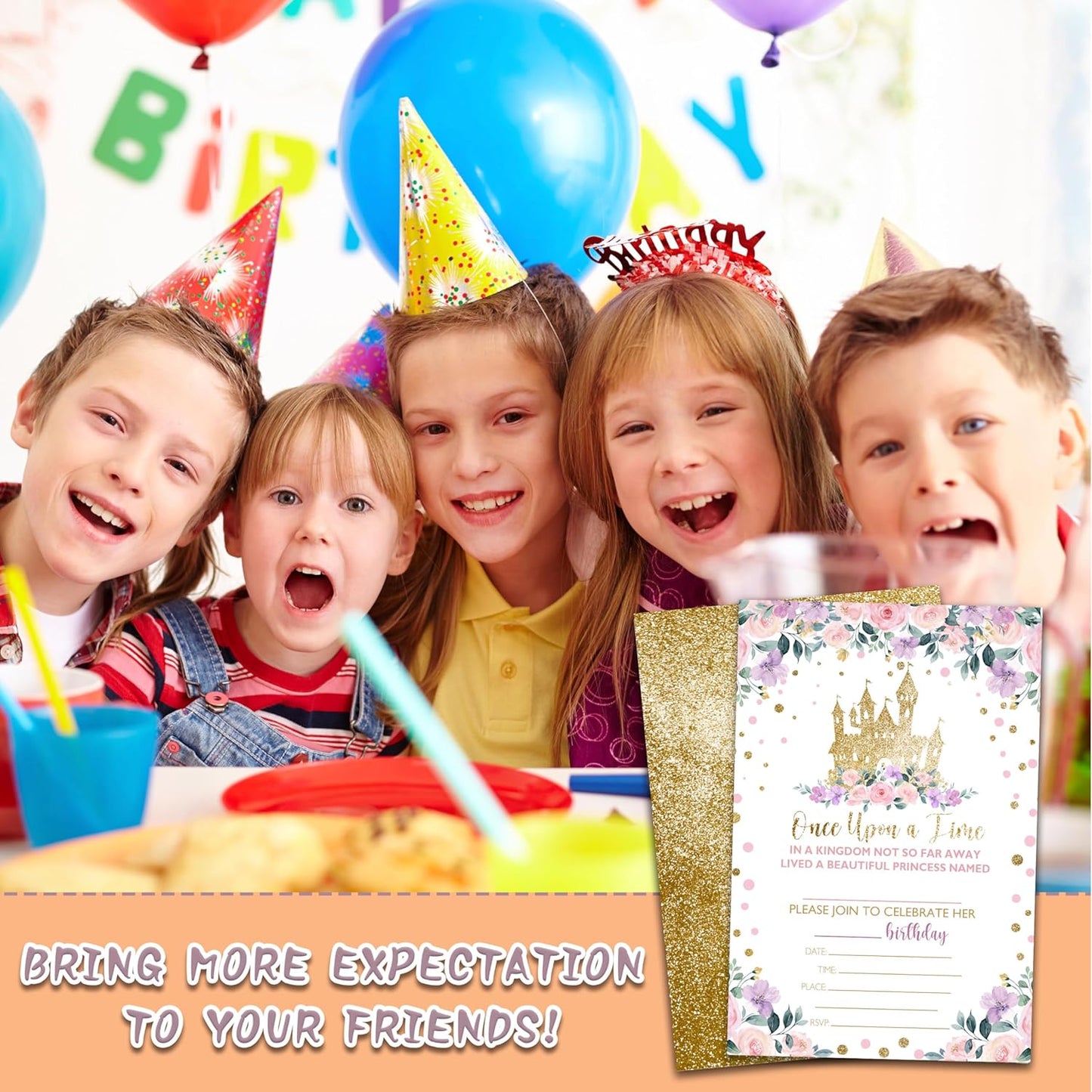 Princess Birthday Invitations for Girls, 20-Count Birthday Party Invitations With Envelopes, Magical Kingdom Castle Style Birthdays Party Decorations And Supplies-HBYQK-A01