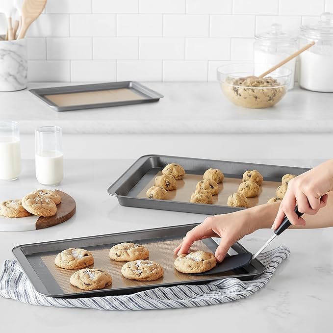Amazon Basics Rectangular Silicone, Non-Stick, Food Safe Baking Mat, 9"x13", 9.9"x14.8", and 16.5"x11.6", Beige/Gray, Pack of 3