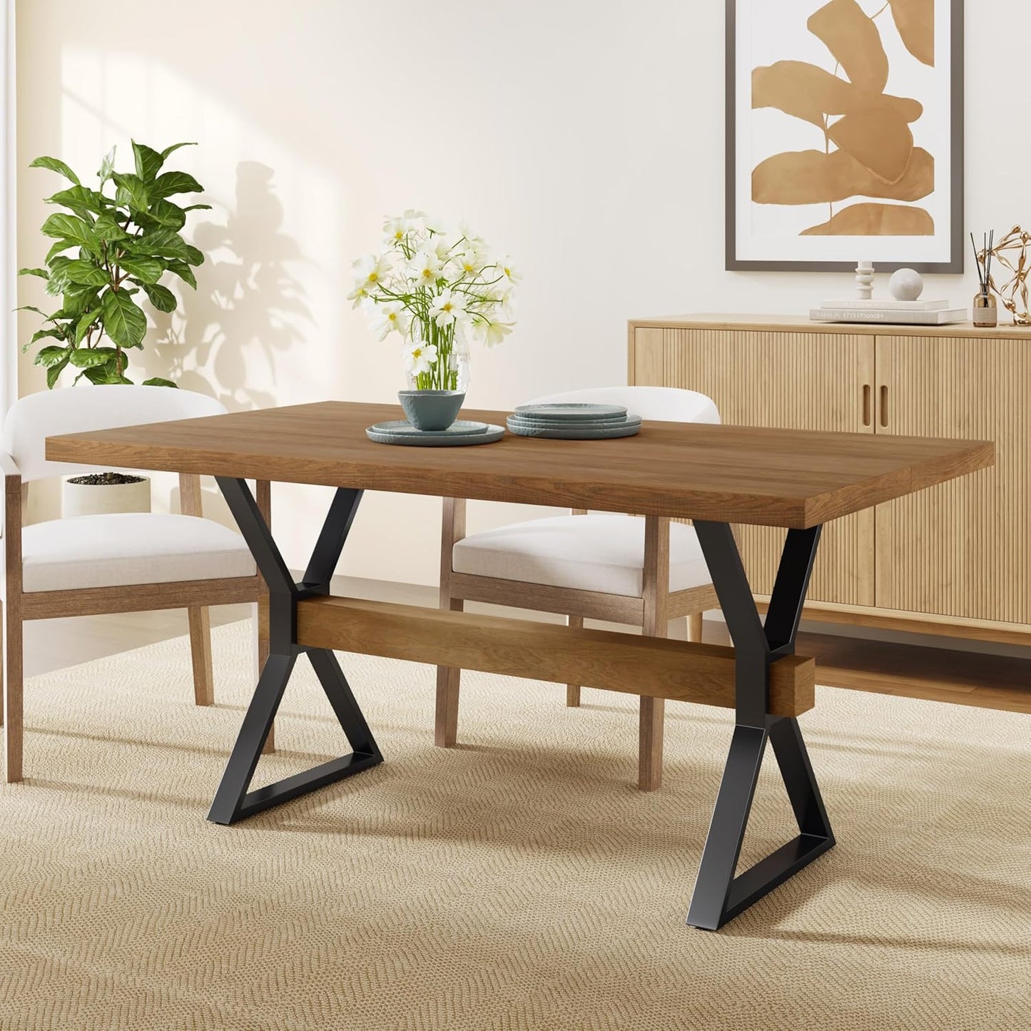 Christopher Knight Home Keyats 63 Inch Dining Table for 6 People, Modern Farmhouse Kitchen Table with X-Shaped Metal Legs, Rectangular Dinner Furniture for Dining Room, Home Office, Brown