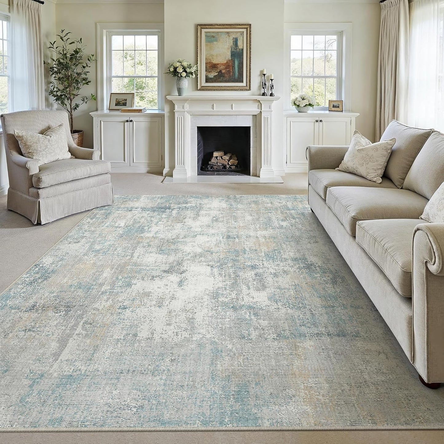 8x10 Washable Area Rug Blue Cream Modern Neutral Abstract Living Room Bedroom Indoor Floor Carpet Low Pile Soft Non-Slip Lightweight Vacuumable Large Throw Rug for Nursery Dining Room