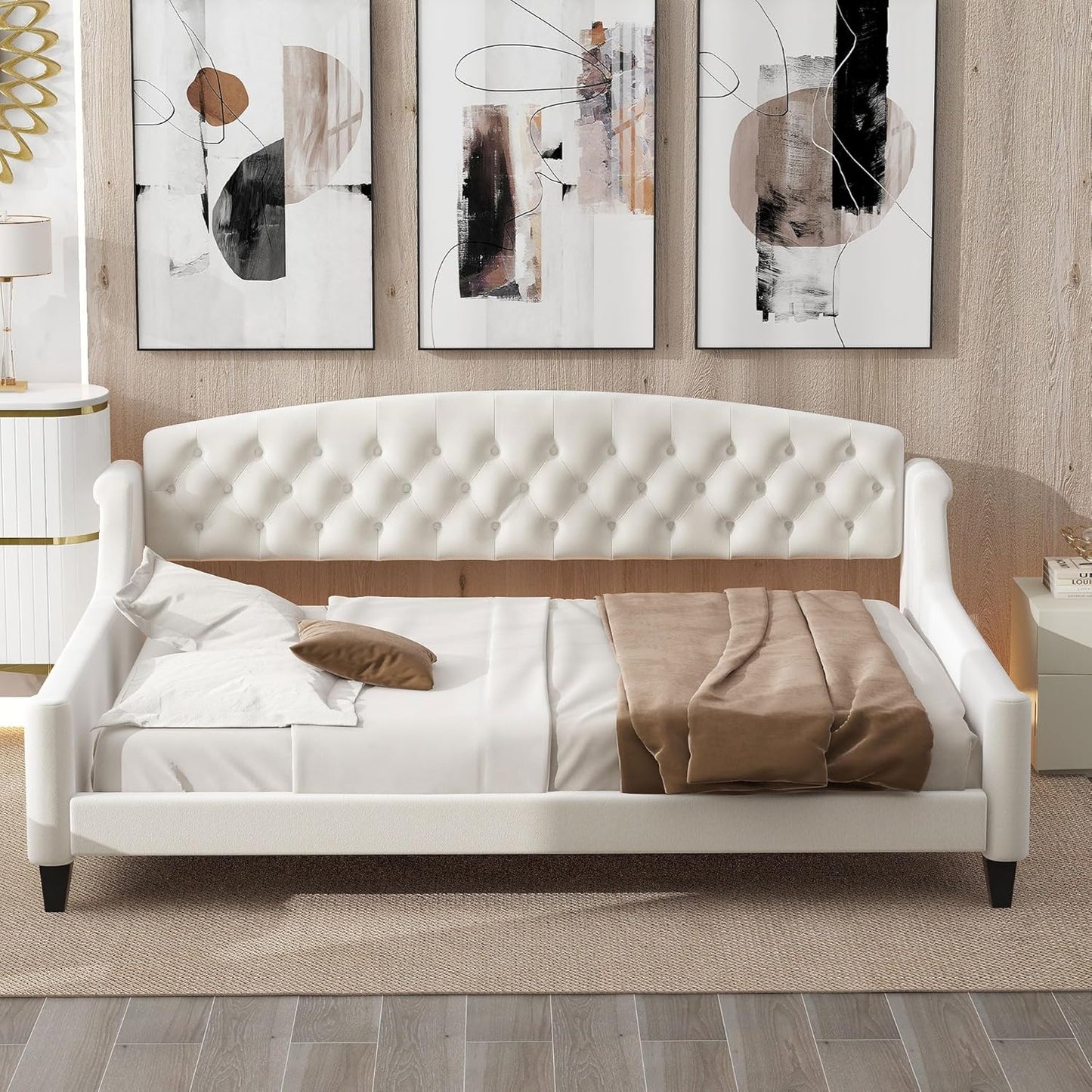 Full Size Modern Luxury Tufted Button Daybed, Stylish Wood Upholstered Day Bed,No Box Spring Required, Easy Assembly,for Bedroom,Living Room and Guest Room,Den,Office,Beige