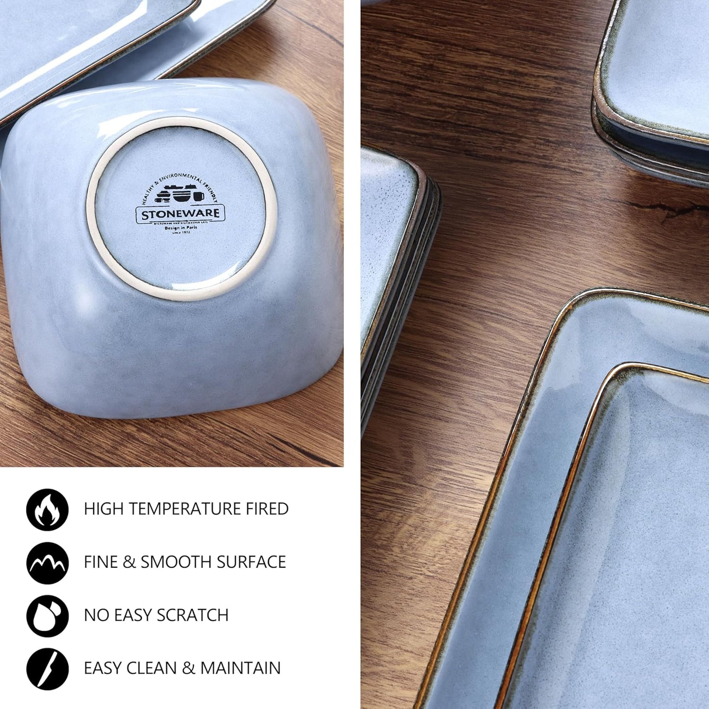 E-far Square plates and bowls Sets for 6, 18-Piece Reactive Glaze Stoneware Dinnerware Sets, Porcelain Dishware Sets for Kitchen Home, Microwave & Dishwasher Safe, Ocean Blue