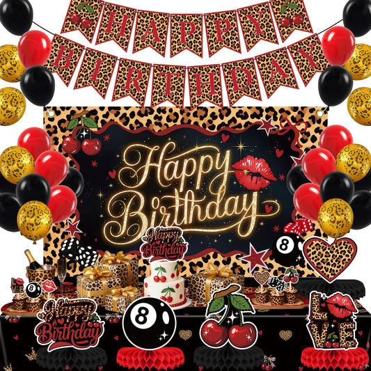 Red Black Cheetah Print Cherry Birthday Decorations Kit - Leopard Birthday Party Decor with Pre-Strung Banner Backdrop Tablecloth Balloons Cake & Cupcake Toppers, Prefect for Girls Women Big Mama