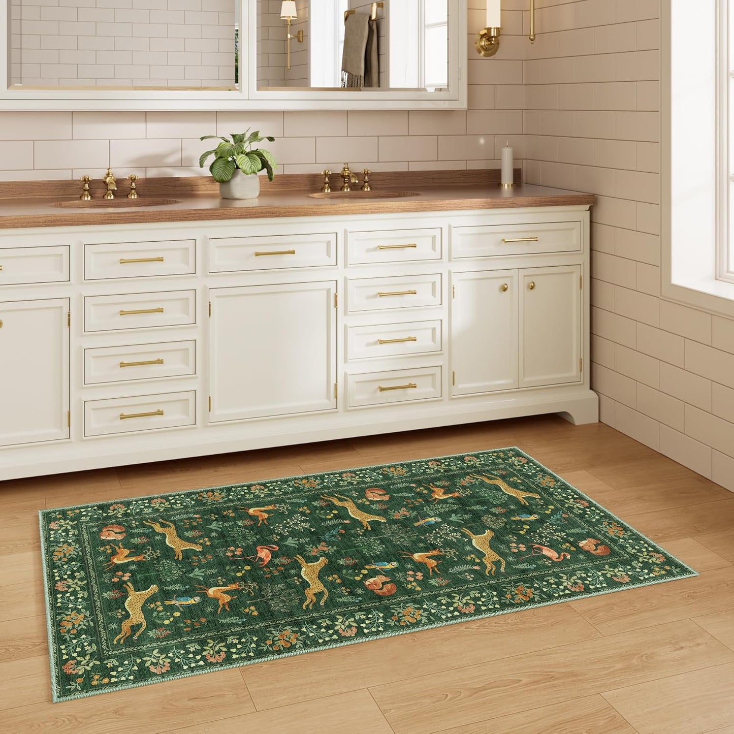 DUKINO 2x4 Rug for Hallway, Washable Kitchen Runner Rug with Non Slip Backing, Soft Low Pile Vintage Animal Runner for Bedroom, Kitchen, Hallway, Entryway, Laundry, Green