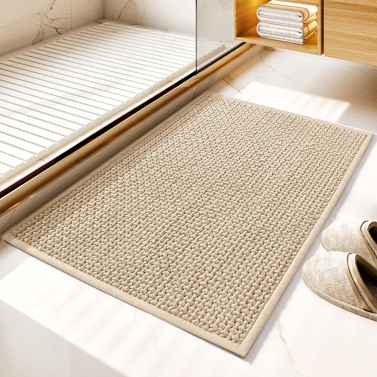 GRANNY SAYS Beige Bathroom Rugs Non Slip Washable, Absorbent Bath Mats for Bathroom, 32" x 20", Thin Chenille Bath Rug, Quick Dry Bath Mat, Soft Rug for Tub and Shower