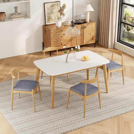 5-Piece Dining Set, Mid-Century Modern Solid Wood Table & Chair Set for 4, Kitchen, Dining Room, Restaurant, Natural Oak+Gray