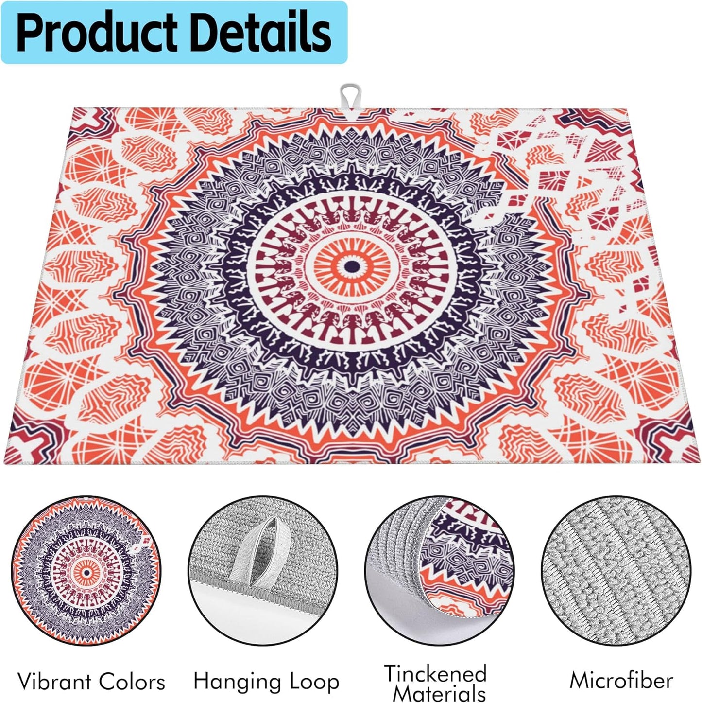 Large Dish Drying Mat for Kitchen Counter,18"X24" Mandala Flowers Super Absorbent Reversible Microfiber Dish Drying Mat Dish Drainer Mat,Dishes Mat Drying Pad for Kitchen Countertop Coffee Bar
