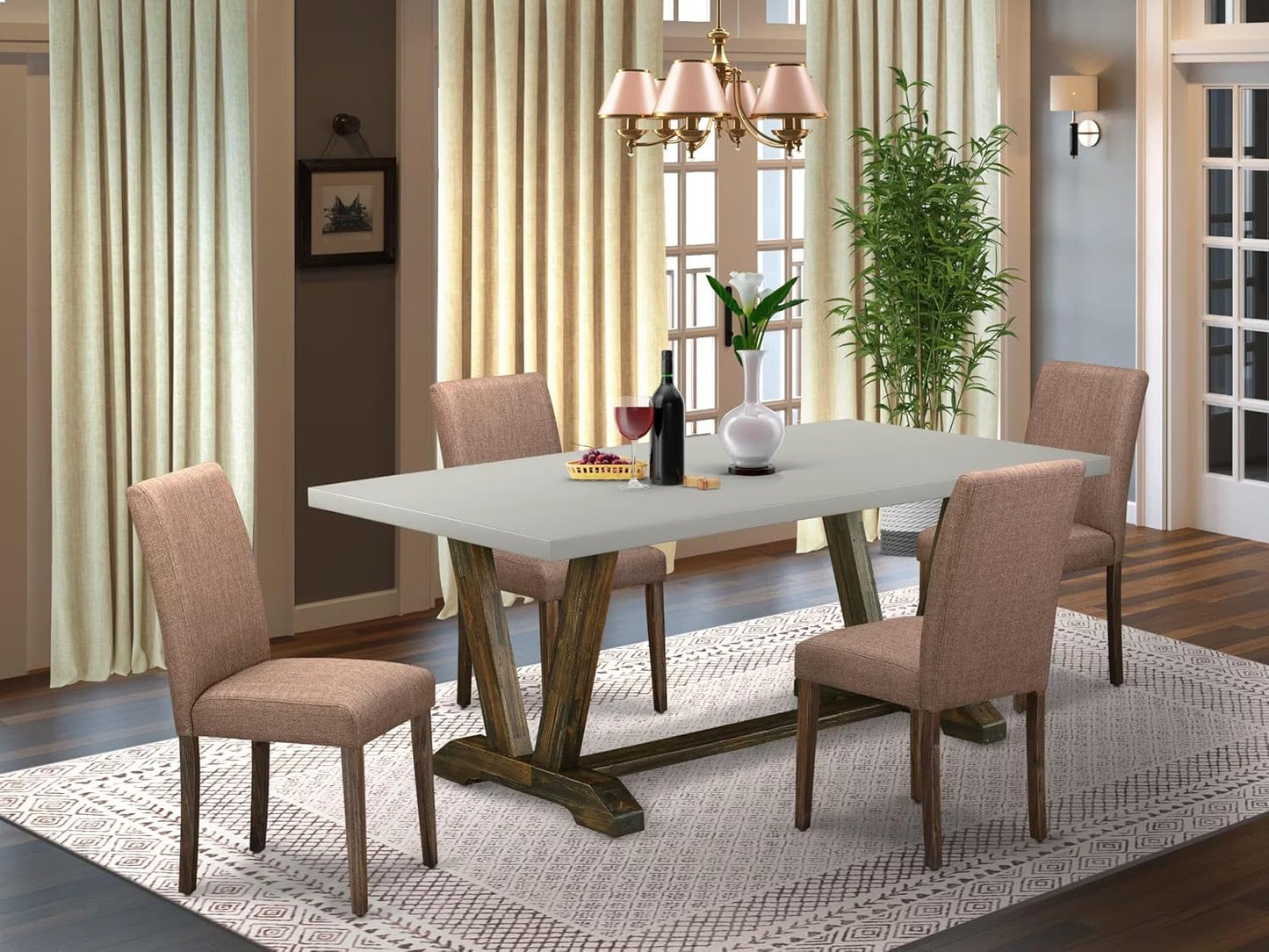 East West Furniture V797AB747-5 5 Piece Modern Dining Table Set Includes a Rectangle Wooden Table with V-Legs and 4 Light Sable Linen Fabric Parsons Dining Chairs, 40x72 Inch, Multi-Color
