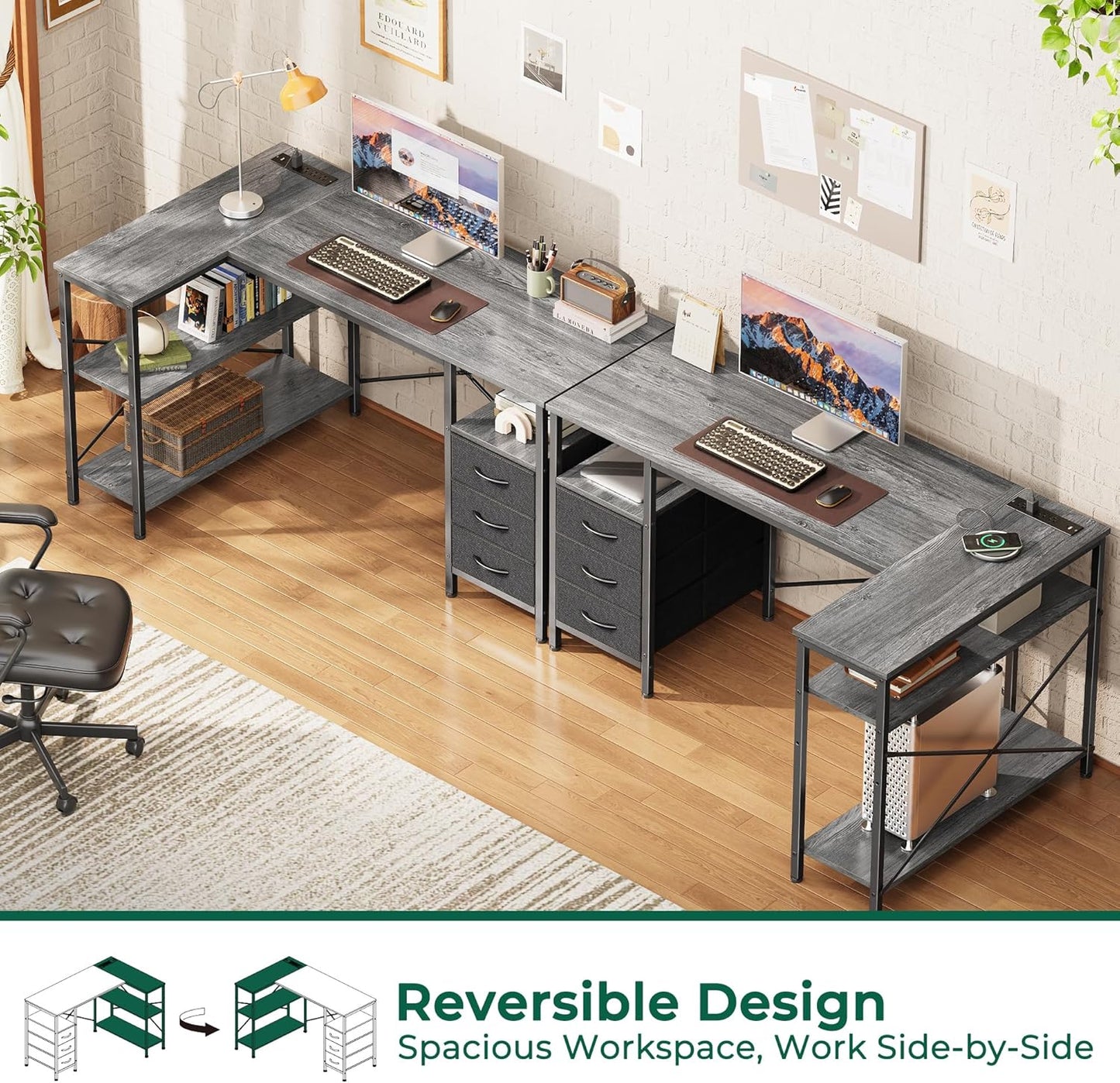 Huuger L Shaped Office Desk with Power Outlets, 47 Inch Computer Desk with 3 Drawers, Shelves, for Gaming, Corner Work, Home Office, Study, Grey