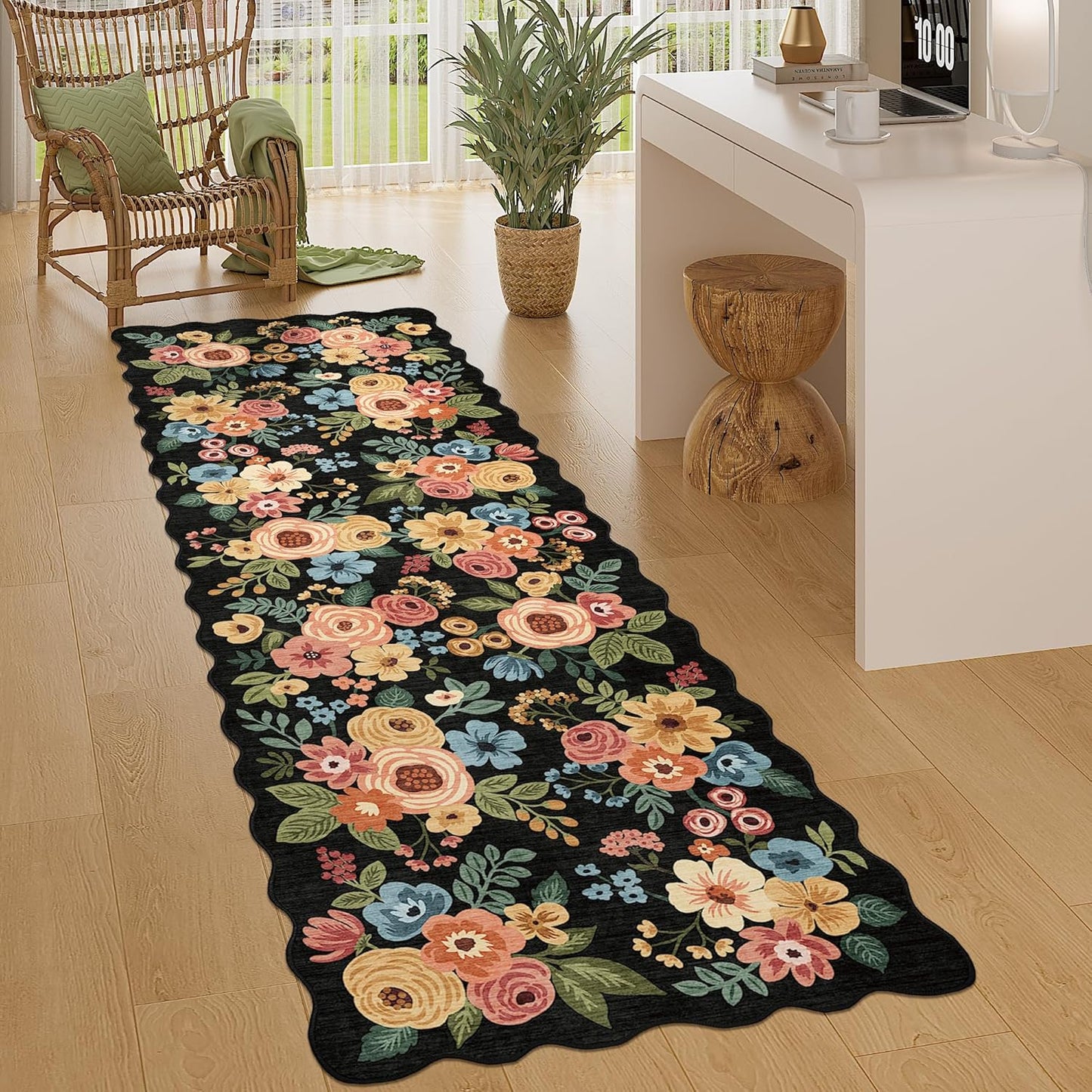 DUKINO 2x6 Runner Rug for Hallway, Washable Kitchen Rug with Non Slip Backing & Non-Shediing, Soft Low Pile Floral Design Runner for Bedroom, Kithchen, Living Room, Laundry, Bathroom, Black