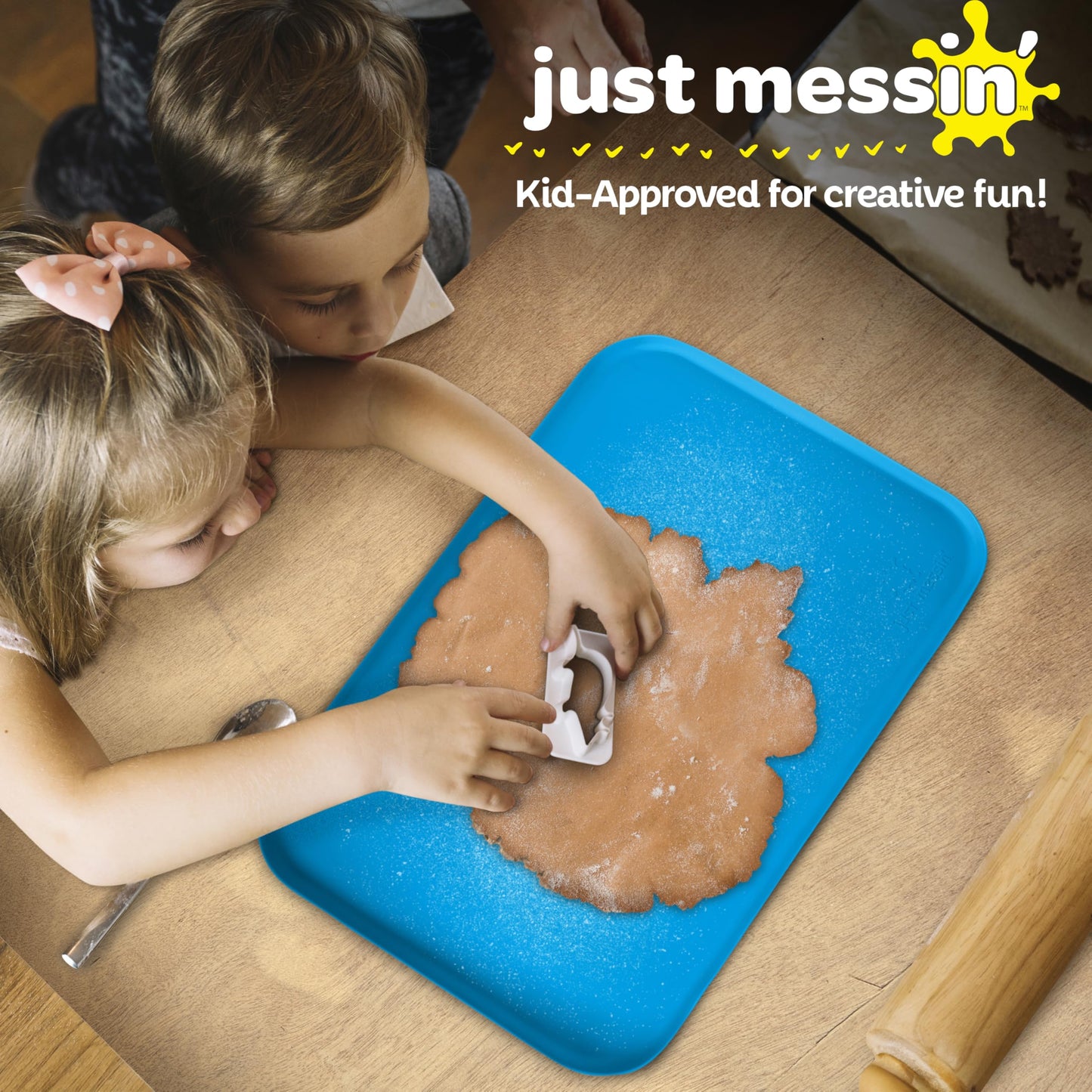 Just Messin’ Silicone Art Mat for Kids, Reusable Non-Slip Heat-Resistant Mat w Raised 0.6" Edges to Contain Mess & Protect Tables/Floors, Arts & Crafts, Resin, Legos, 12"x18", Blue