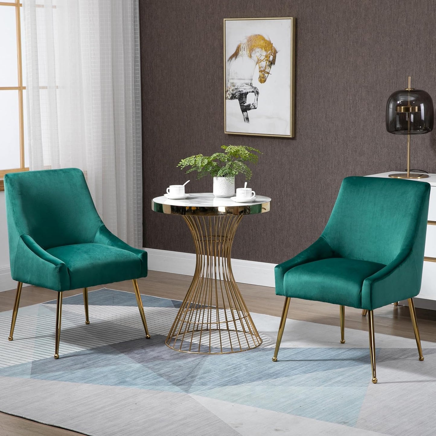 Modern Velvet Dining Chairs Set of 4, Contemporary Upholstered Furniture Collection with Polished Gold Metal Legs, Elegant Accent Chairs for Kitchen Living Room(Green)