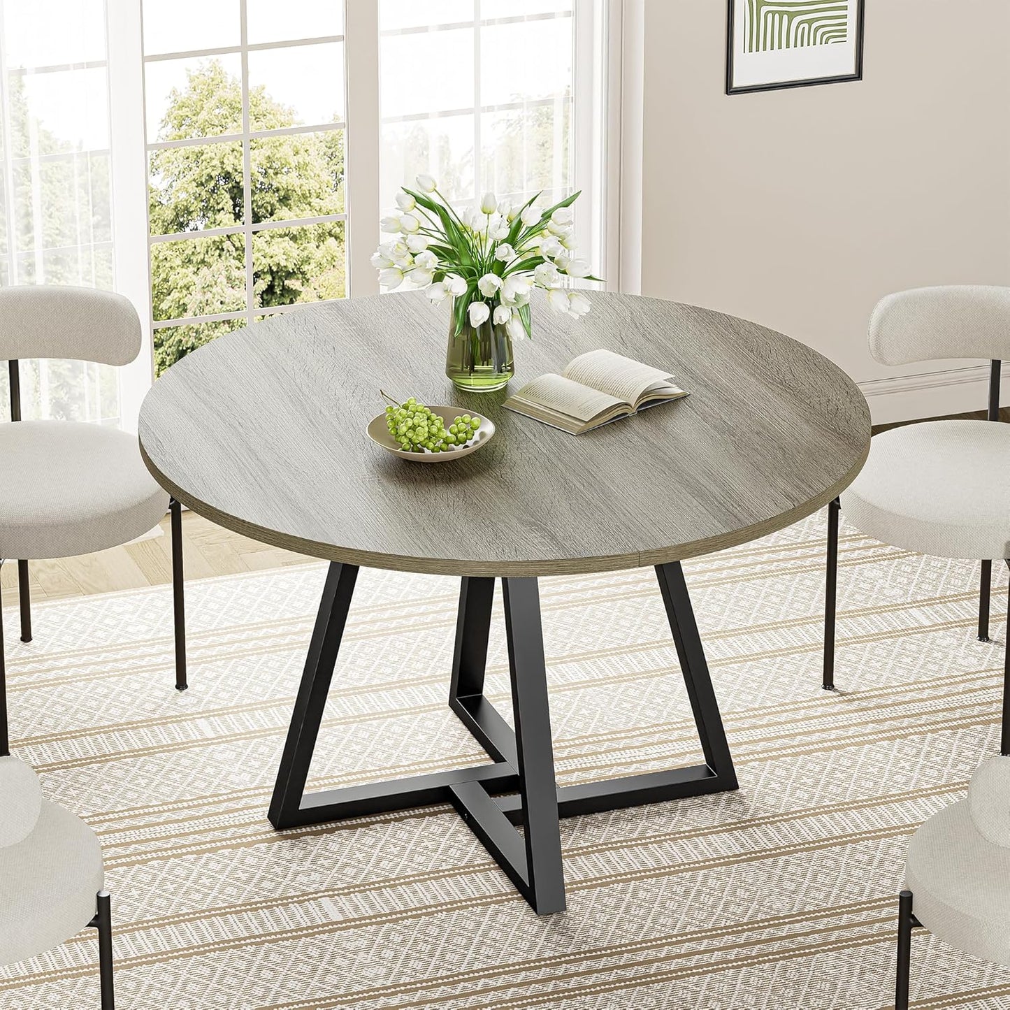 IRONCK 43" Round Dining Table for 4, Wood Kitchen Table with Metal Base, Space Saving Industrial Circle Dinner Table for Kitchen Dining Room, Gray
