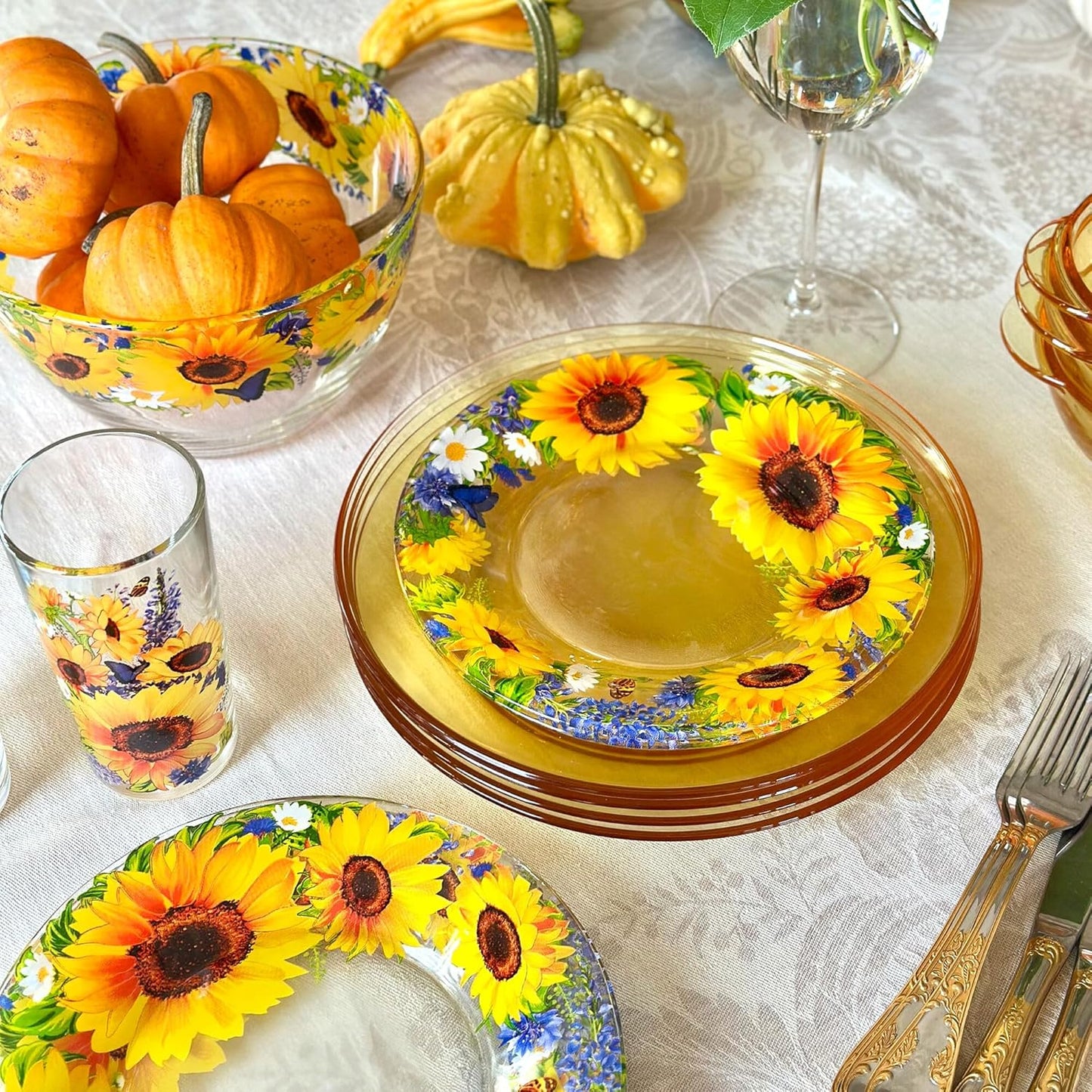STP GOODS Glass Soup and Salad Bowl with Handles, Cobalt Transparent Glass Eating Plates, Circular Dinnerware for Salad, Bread, Dinner (Yellow Set of 4)