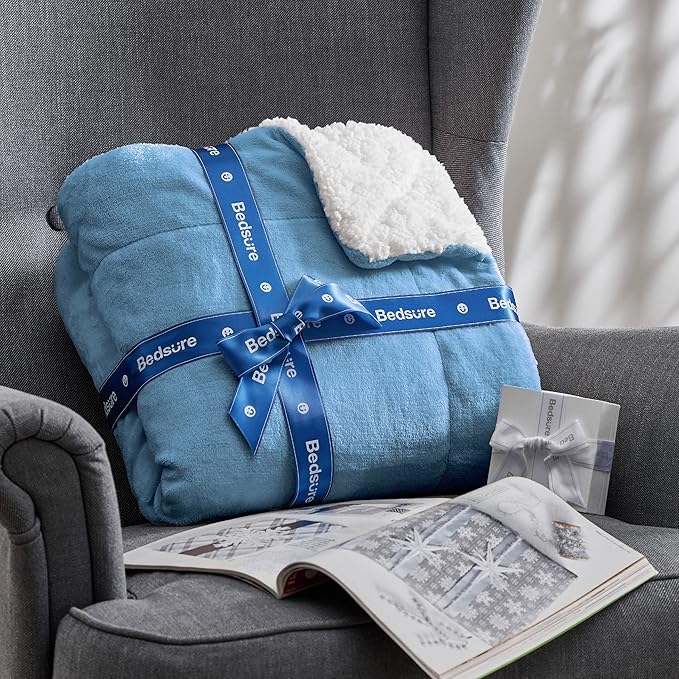 Bedsure GentleSoft Sherpa Fleece Throw Blanket for Couch - Thick and Warm Throw for Women and Men, Soft Fuzzy Plush Blanket for Winter, Non-Heated, Washed Blue, 50x60 Inches