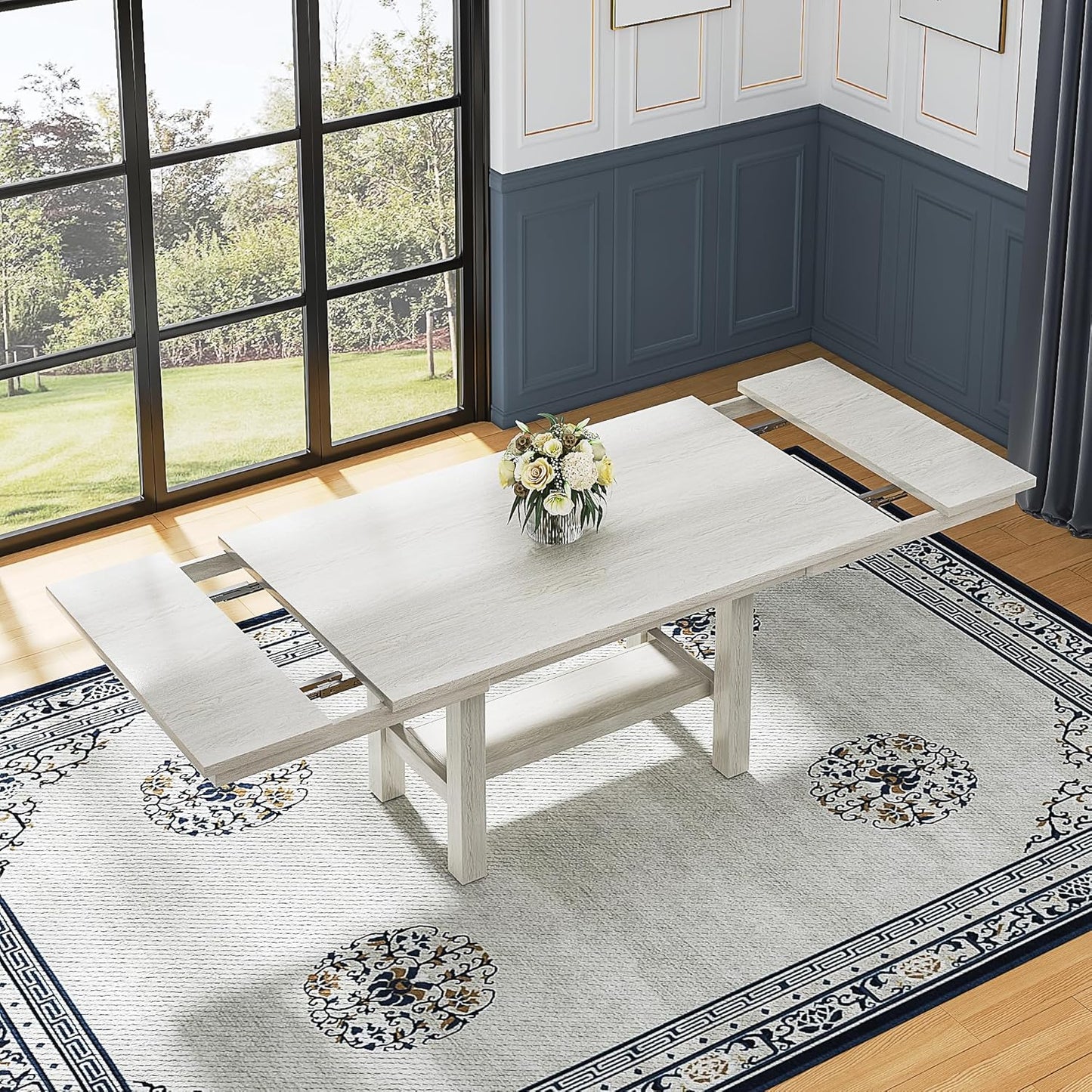 7-Piece Solid Wood Dining Table Set for 6, Extendable Table with 6 Chairs – Easy Assembly for Indoor Use, Kitchen, Dining Room, Grey