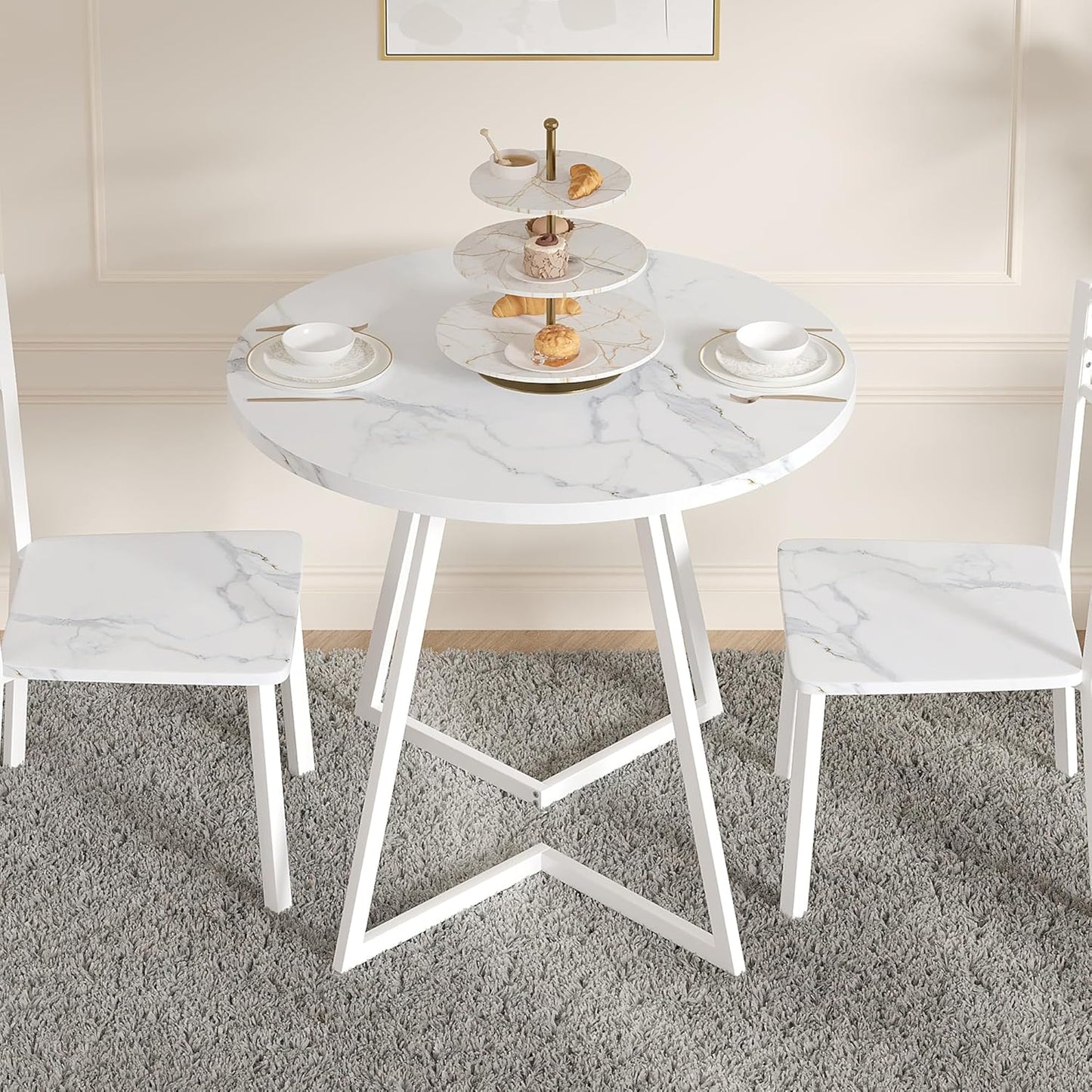 VECELO Round Dining Room Table with Wood Grain Tabletop and Steel Frame, for Kitchen, Living Room, Office, Conference, 2 to 4 Person, Fuax Marbled & White
