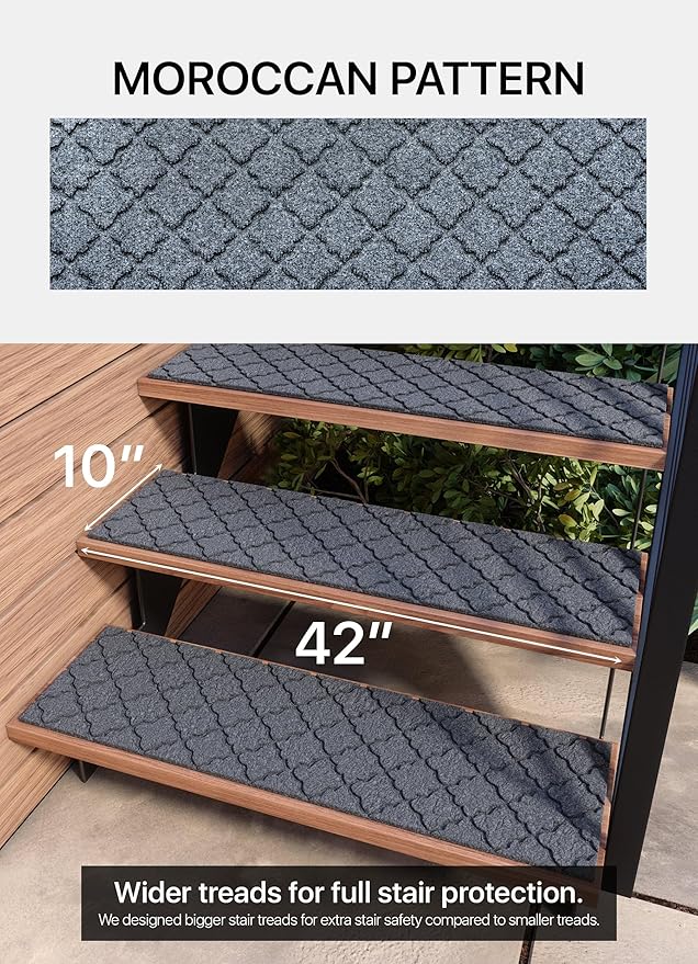 Outdoor Stair Treads Non-Slip 42”x10” (6-Pack) – Carpet Treads with Rubber Backing Moroccan Grey