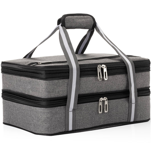 Stack Store Plus More Insulated Casserole Carrier for Hot or Cold Food, Lasagna Holder for Picnic, Potluck, Cookout - Fits 9” x 13” and 11” x 15” Baking Dish – Expandable Double Thermal Bag in Gray