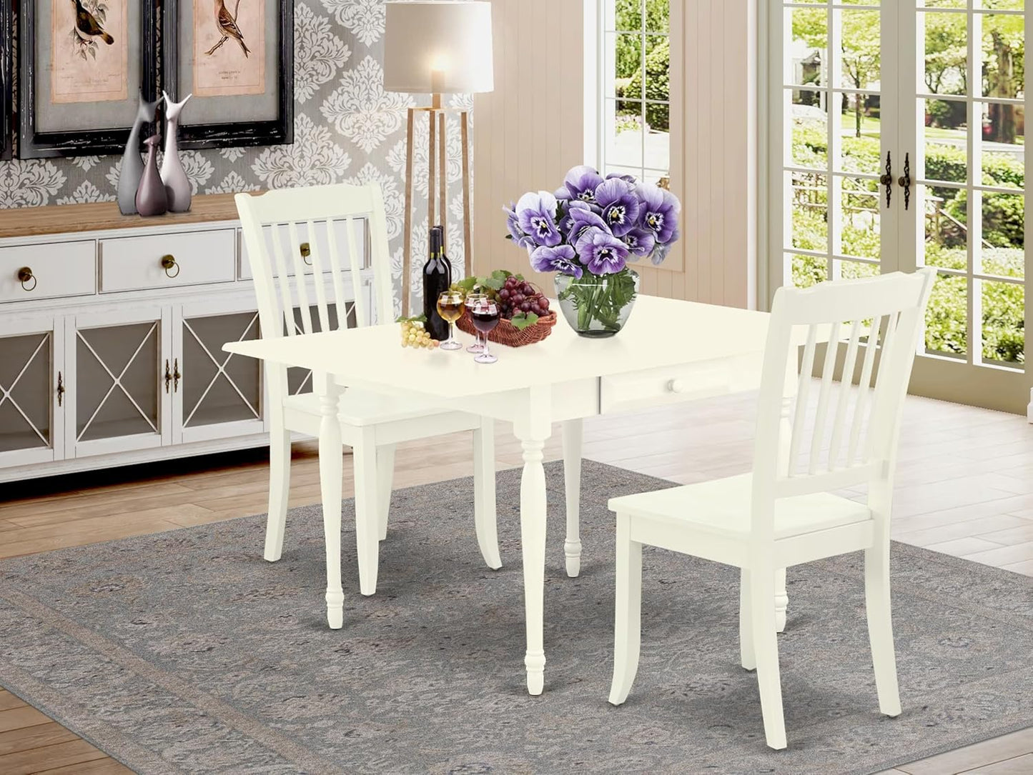 East West Furniture MZDA3-LWH-W 3 Piece Dining Room Furniture Set Contains a Rectangle Kitchen Table with Dropleaf and 2 Dining Chairs, 36x54 Inch, Linen White