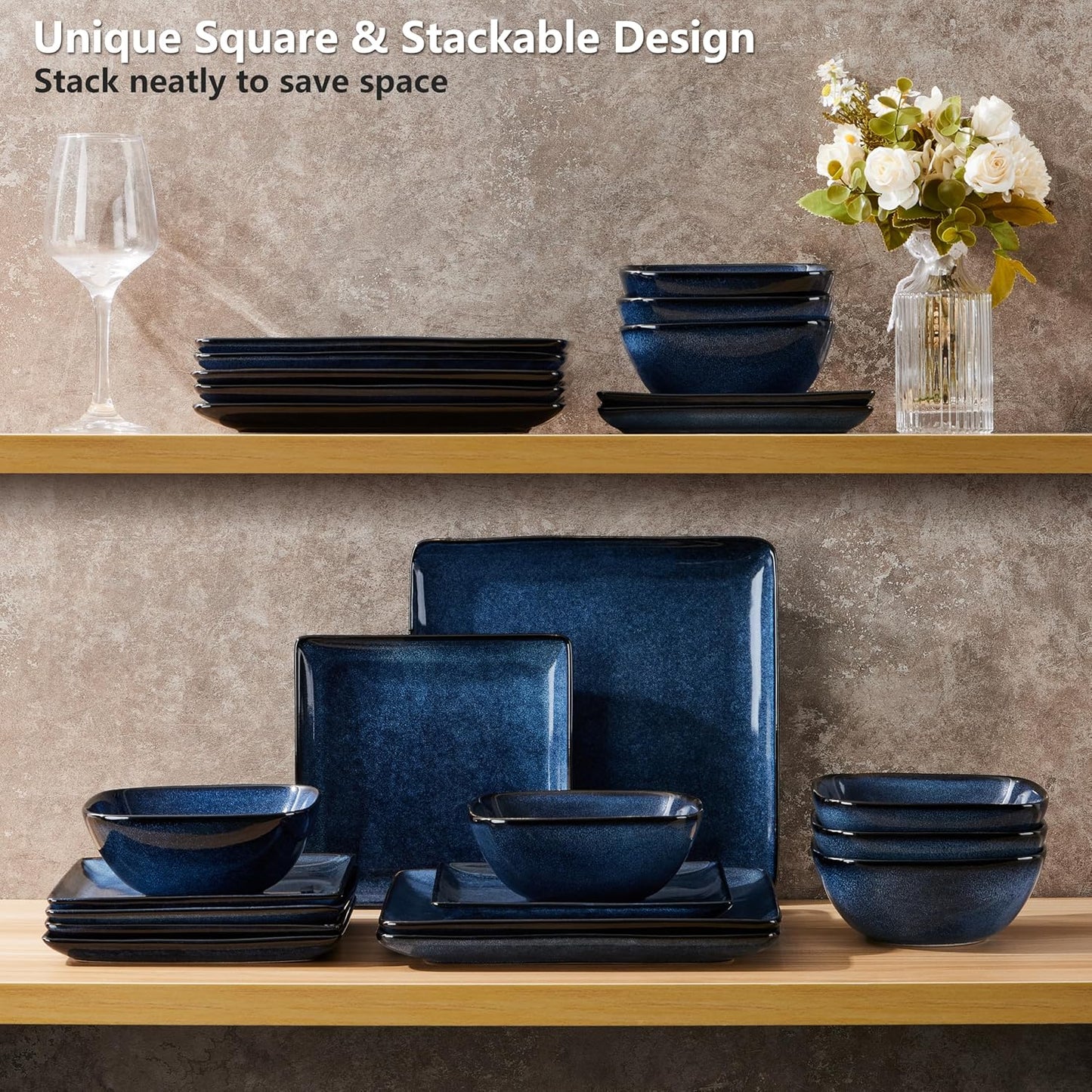 E-far Square Plates and Bowls Sets, 12-Piece Stoneware Dinnerware Sets for 4, Reactive Glaze Dish Set, Chip and Scratch Resistant, Microwave and Dishwasher Safe, Deep Sea Blue