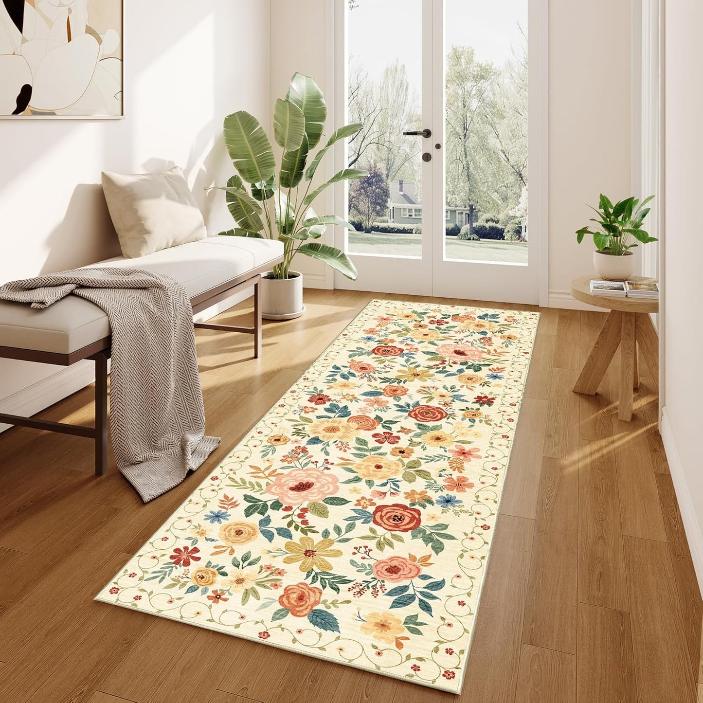 DUKINO Runner Rug, 2x10 Kitchen Hallway Carpet, Washable with Non-Slip Backing, Low Pile Soft Boho Floral for Entryway, Laundry, Bedroom, Beige Yellow