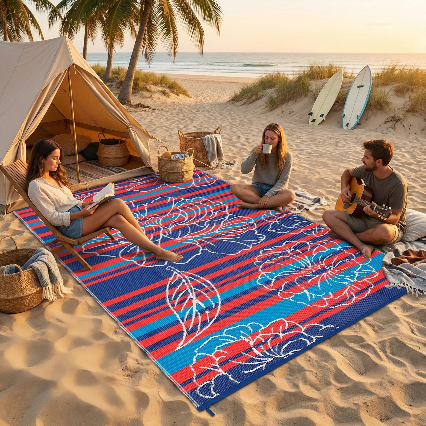 Garvee 5x8 Outdoor Waterproof Rug, Floral Outdoor Area Rug，Reversible Plastic Straw Patio Rug, Portable Camping Mat for RV, Picnic, Beach, Balcony, Garden & Camping Red&Navy