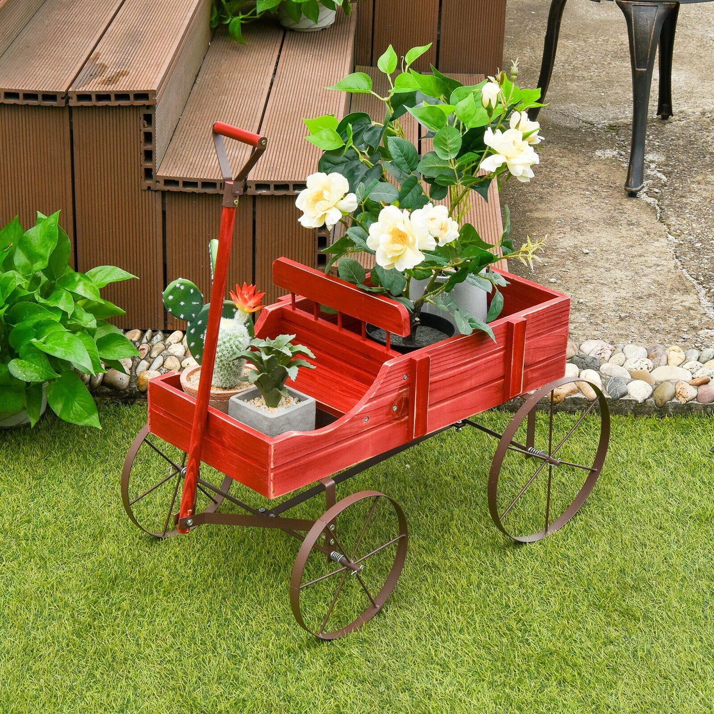 DORTALA Wood Wagon Planter, Outdoor Garden Flower Planter Cart with Wheels, Small Decorative Wood Raised Bed Plant Pot Box Stand for Backyard, Patio, Balcony, Red