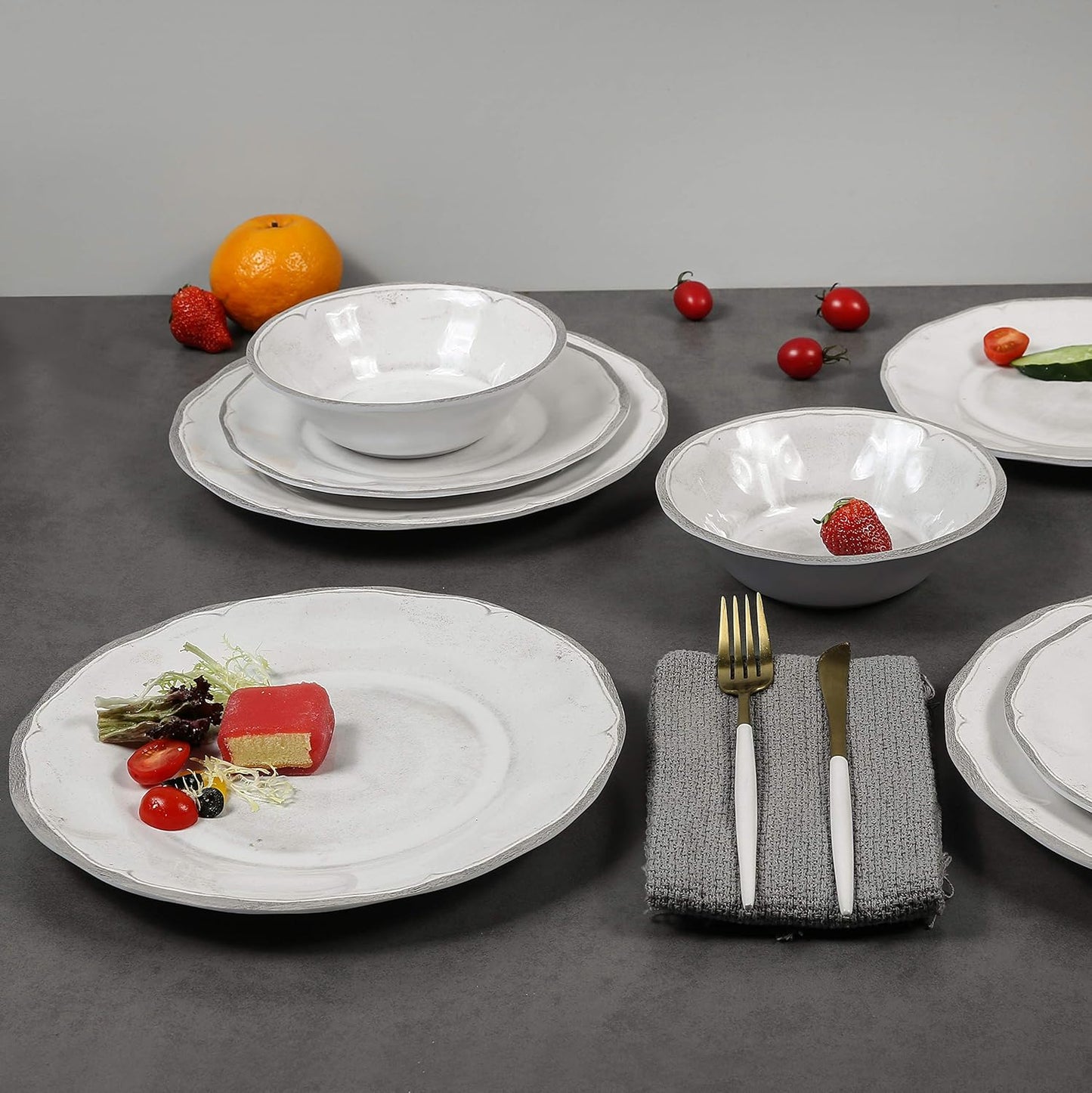 Melamine Dishes Dinnerware Sets - 12pcs Melamine Dinner Plates, Salad Plates and Bowls, for Everyday Use White