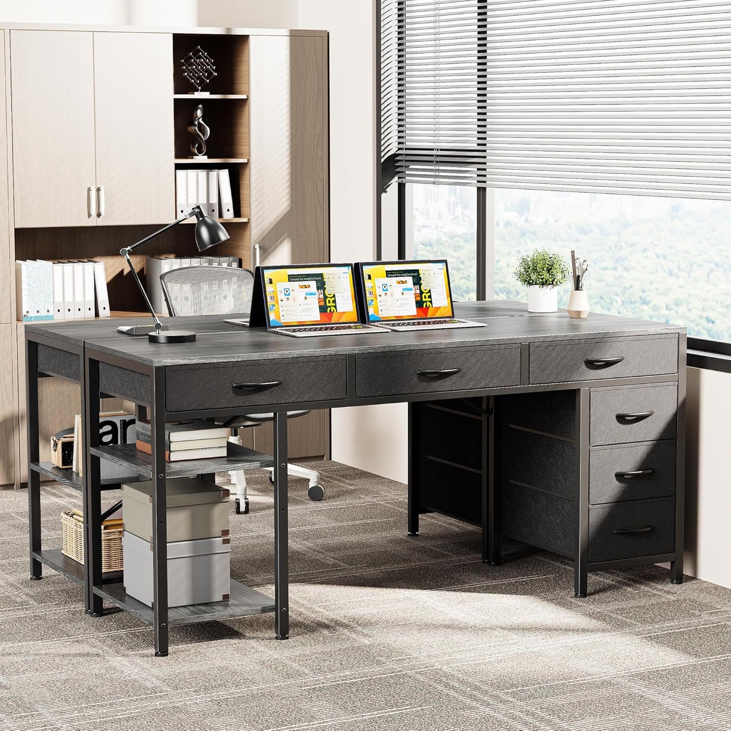 Huuger Computer Desk with 6 Drawers, 47 Inch Office Desk with Shelves, Reversible Gaming Desk, Corner Desk with Storage, Work for Home Office, Study, Living Room, Gray