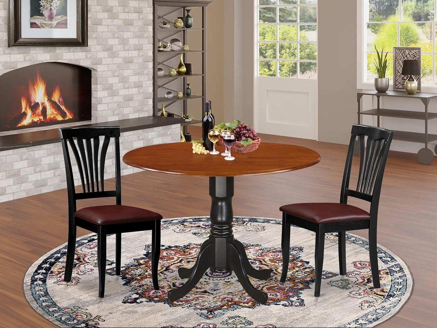East West Furniture DLAV3-BCH-LC 3 Piece Modern Dining Table Set Contains a Round Wooden Table with Dropleaf and 2 Faux Leather Kitchen Dining Chairs, 42x42 Inch, Black & Cherry