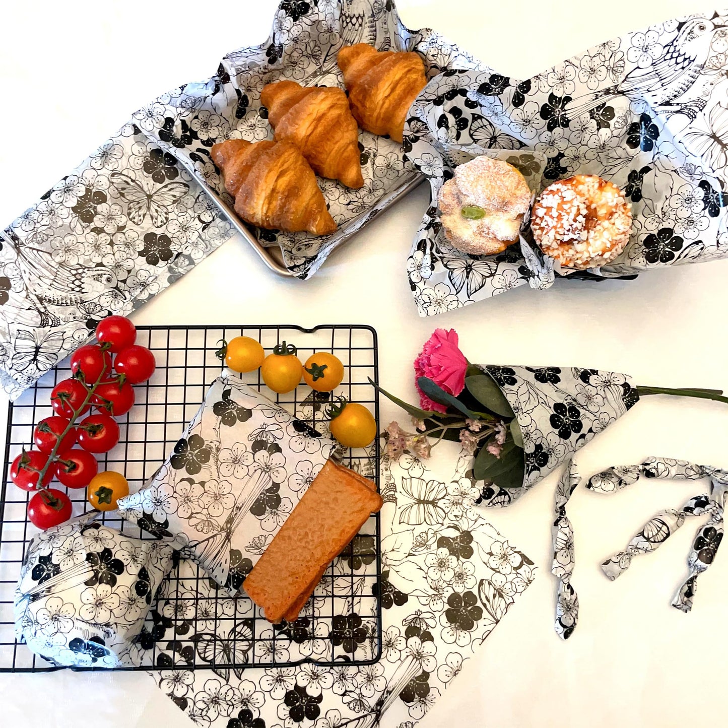Suiwen 150pcs Summer Black and White Floral Wax Paper Sheets Sandwich Wrapping Paper, Greaseproof Wrap Parchment Papers Air Fryer Disposable Liner Food Basket Liners for Outdoor Picnic