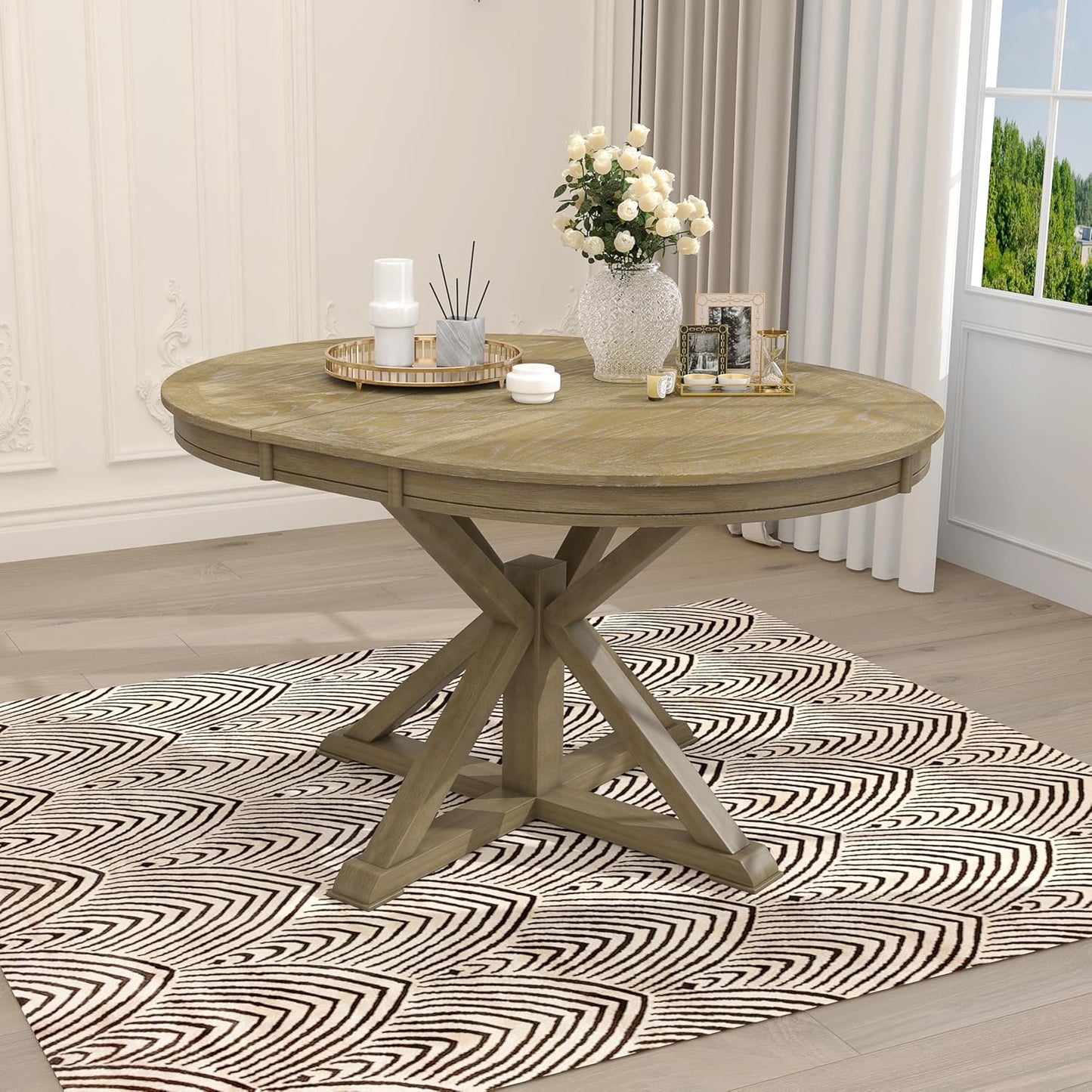 Retro Style Round Dining Table with 12" Removable Leaf for Kitchen/Living Room, Space-saving Solid Wood Tabletop Extendable Circular to Oval (42" to 54") with X-shaped Base Legs for Apartment Bistro