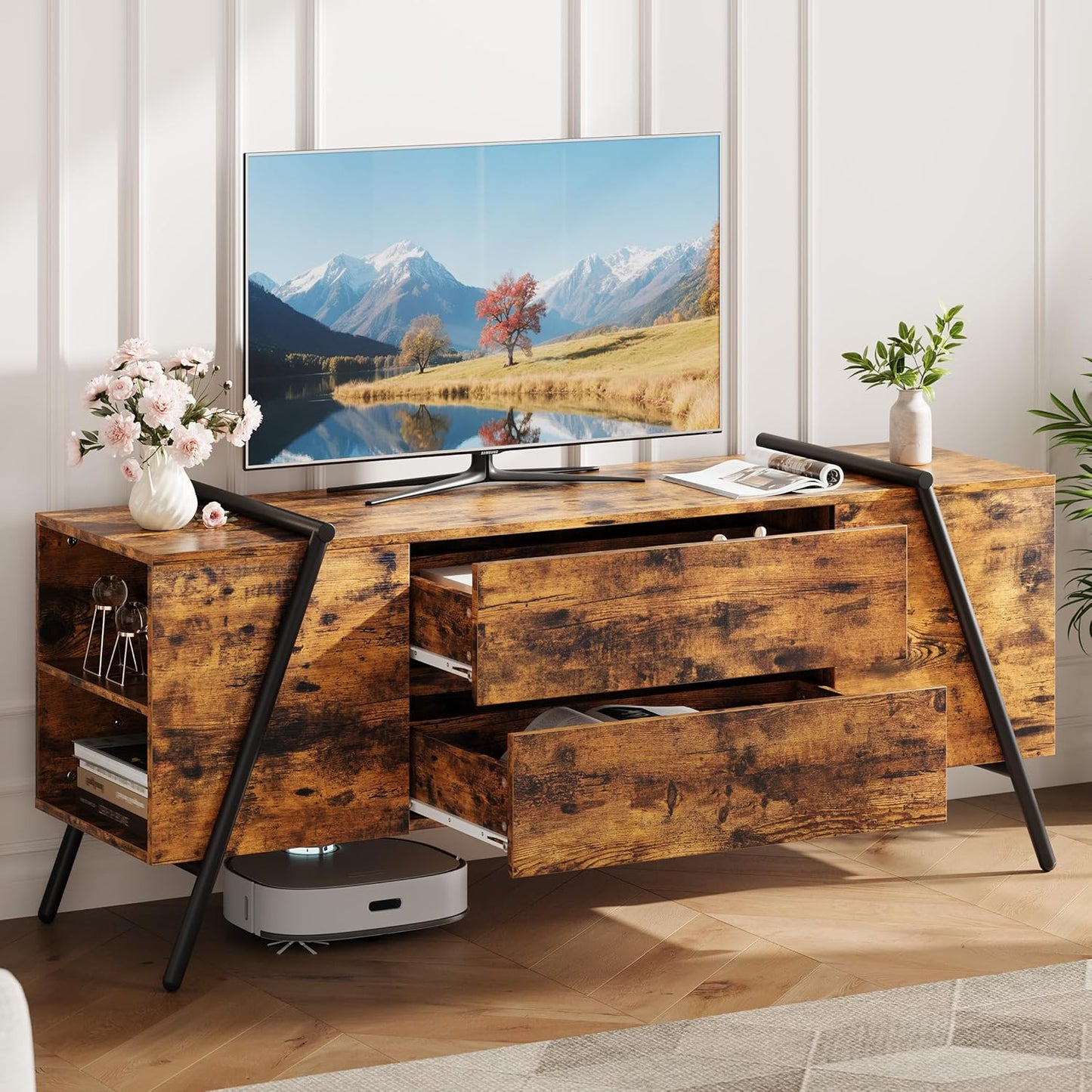 GarveeHome TV Stand for 47 Inch TV, Entertainment Center with 2 Drawers, Adjustable Shelves, U-Shaped Metal Legs, Farmhouse Wooden TV Console for Living Room, Bedroom, Amber Oak