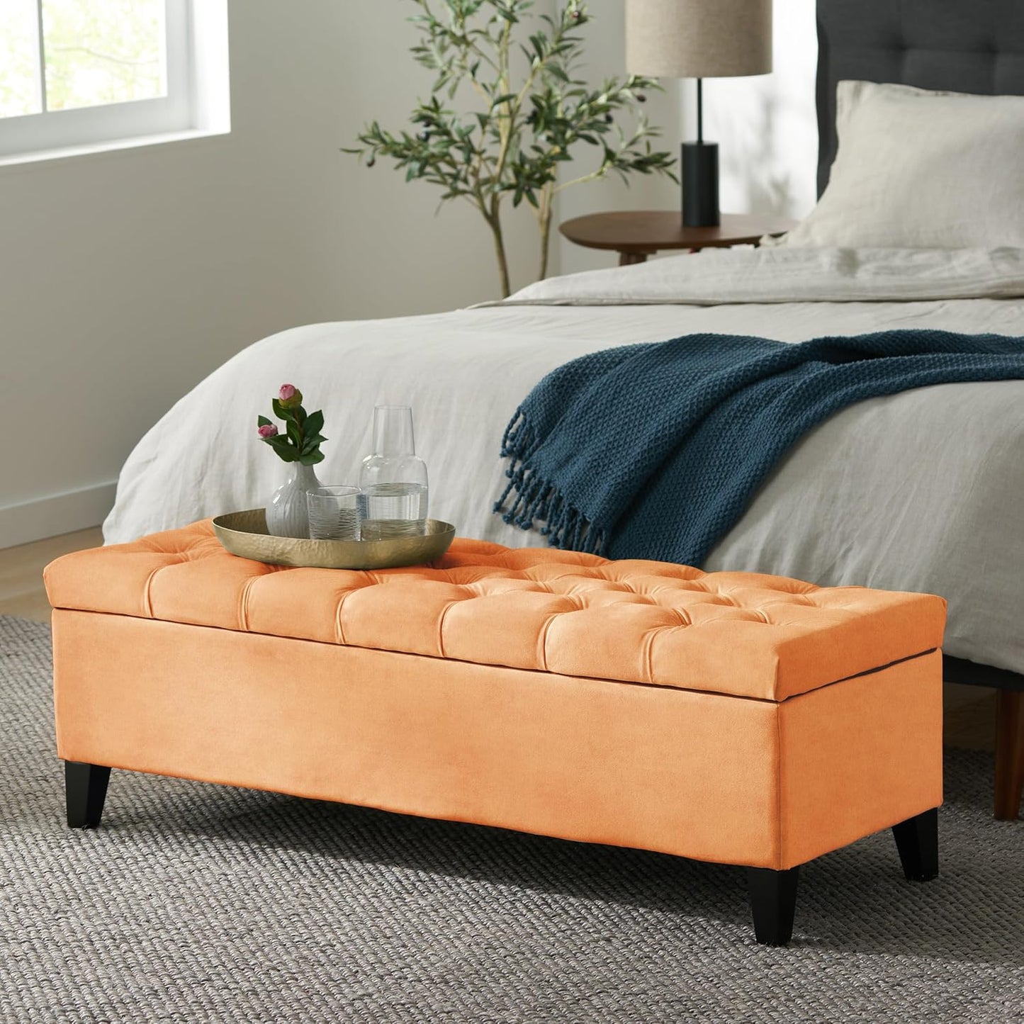 Christopher Knight Home Gloust Velvet Storage Ottoman, Upholstered Rectangular Storage Bench, Living Room Seating, Tufted BottonFoot Rest Stool for Home Office, Entryway and Bedroom, Orange