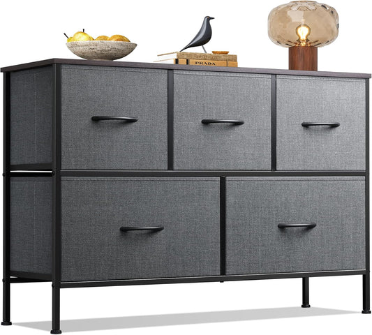 WLIVE Dresser for Bedroom with 5 Drawers, Long Storage Tower Organizer Unit, Fabric Dresser, Storage Drawer Unit with Fabric Bins for Closet, Hallway, Dark Grey, Size L