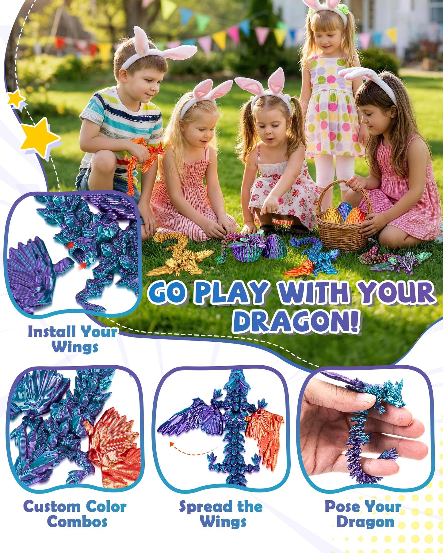 TBOLINE 4PCS 3D Printed Dragon with Wings and Egg, Surprise Egg with Flying Dragon Inside, Small 3D Printer Dinosaur Eggs Party Favors Toy Classroom Prizes Girls for Kids Gifts 5-7 8-12