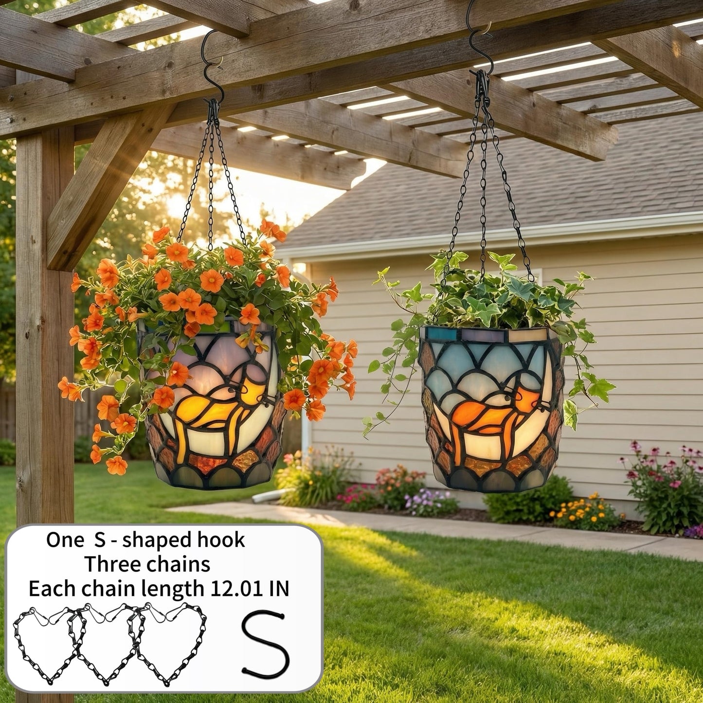 Entlityful Stained Glass Hanging Cat Planter Pot, Orange Sleeping Cat Small Hanging Plant Pots Indoor, Blue Moon Flower Pot Plant Gifts