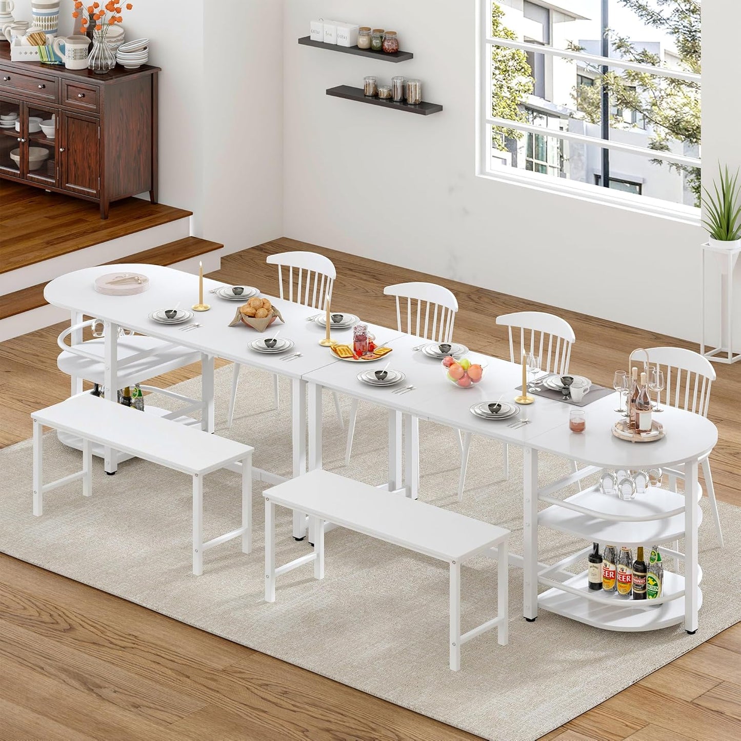soges Dining Table for 4-6 Person, 71 inch Long Kitchen Dining Table for Living Room and Dining Room, Dinner Table with Storage Shelf & Cup Holder, Metal Legs(Only Table), White